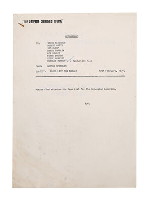 Lot #944 - STAR WARS: THE EMPIRE STRIKES BACK (1980) - Norwegian Location Prop Inventory List