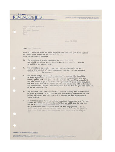 Lot #970 - STAR WARS: RETURN OF THE JEDI (1983) - Kay Freeborn's Contract of Employment