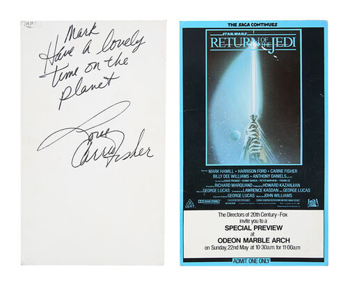 Lot #971 - STAR WARS: RETURN OF THE JEDI (1983) - Pair of Special Preview Screening Tickets Autographed by Carrie Fisher