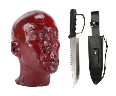 Lot #731 - KICK-ASS (2010) - Nicolas Cage Gallery Head Cast and Big Daddy's (Nicholas Cage) SFX Bloodletting Survival Knife and Sheath