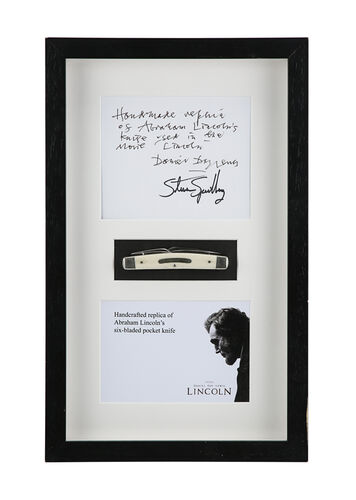 Lot #754 - LINCOLN (2012) - Abraham Lincoln's (Daniel Day-Lewis) Pocket Knife Display with Daniel Day-Lewis and Steven Spielberg Autographed Note