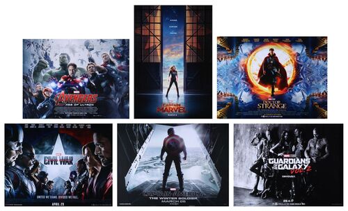 Lot #39 - AVENGERS: AGE OF ULTRON (2015), CAPTAIN AMERICA: CIVIL WAR (2016), DOCTOR STRANGE (2016), CAPTAIN AMERICA: WINTER SOLDIER (2014), GUARDIANS OF THE GALAXY: VOL 2 (2017), CAPTAIN MARVEL (2019) - Six UK Quads and US/International One-Sheets, 2014-2