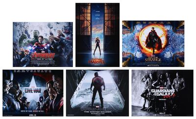 Lot #39 - AVENGERS: AGE OF ULTRON (2015), CAPTAIN AMERICA: CIVIL WAR (2016), DOCTOR STRANGE (2016), CAPTAIN AMERICA: WINTER SOLDIER (2014), GUARDIANS OF THE GALAXY: VOL 2 (2017), CAPTAIN MARVEL (2019) - Six UK Quads and US/International One-Sheets, 2014-2