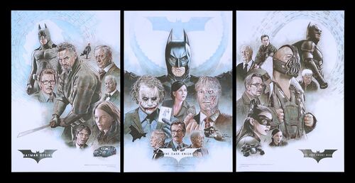 Lot #58 - BATMAN BEGINS (2005), THE DARK KNIGHT (2008), DARK KNIGHT RISES (2012) - Set of Three Matching Hand-numbered Limited Edition Screen Prints, 2020