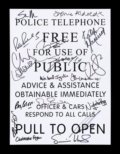 Lot #214 - DOCTOR WHO (TV SERIES, 1963-PRESENT) - TARDIS Police Notice Print Autographed by Christopher Eccleston, Sylvester McCoy and Others