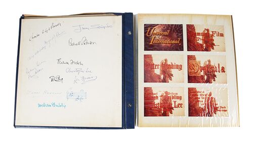 Lot #216 - DRACULA (1958) - Photographic Production Folder Autographed by Christopher Lee, Peter Cushing, Anthony Hinds, Jimmy Sangster, Terence Fisher and Others.