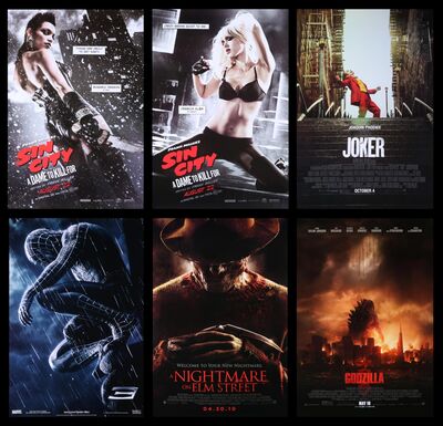 Lot #450 - JOKER (2019), GODZILLA (2014), SIN CITY: A DAME TO KILL FOR (2014), SPIDER-MAN 3 (2007), A NIGHTMARE ON ELM STREET (2010) - Six US/International One-Sheets, 2007-2019