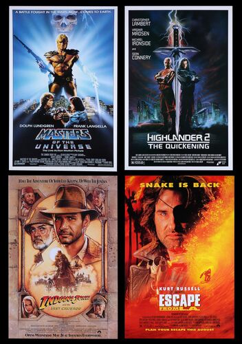 Lot #512 - MASTERS OF THE UNIVERSE (1987), INDIANA JONES AND THE LAST CRUSADE (1989), HIGHLANDER 2: THE QUICKENING (1991), ESCAPE FROM L.A. (1996) - Four US One-Sheets, 1987, 1989, 1991, 1996
