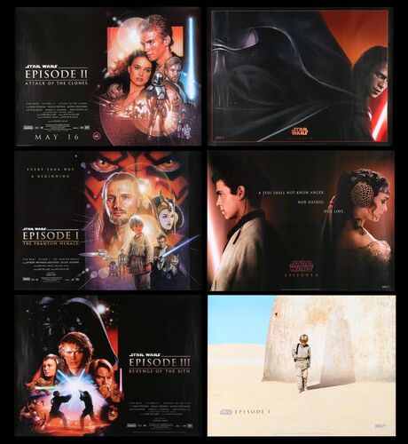 Lot #698 - STAR WARS: EP I - THE PHANTOM MENACE (1999), STAR WARS: EP II - ATTACK OF THE CLONES (2002), STAR WARS: EP III - REVENGE OF THE SITH (2005) - Six UK Quads (Advance and Regular), 1999, 2002, 2005