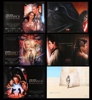 Lot #698 - STAR WARS: EP I - THE PHANTOM MENACE (1999), STAR WARS: EP II - ATTACK OF THE CLONES (2002), STAR WARS: EP III - REVENGE OF THE SITH (2005) - Six UK Quads (Advance and Regular), 1999, 2002, 2005