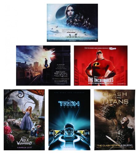 Lot #704 - STAR WARS: ROGUE ONE (2016), INCREDIBLES (2004), FANTASTIC BEASTS AND WHERE TO FIND THEM (2016), TRON: LEGACY (2010), ALICE IN WONDERLAND (2010), CLASH OF THE TITANS (2010) - Six UK Quads and US/International One-Sheets, 2004-2016