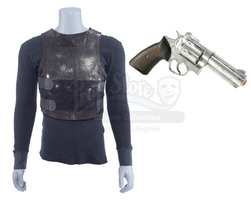 Lot # 61: Marvel's The Punisher (TV Series) - Frank Castle's Bulletproof Vest Squib Rig and Bullet-Riddled Black Shirt with Stunt Revolver