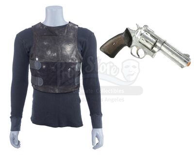 Lot # 61: Marvel's The Punisher (TV Series) - Frank Castle's Bulletproof Vest Squib Rig and Bullet-Riddled Black Shirt with Stunt Revolver