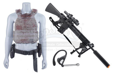 Lot # 118: Marvel's The Punisher (TV Series) - Billy Russo's Bloodied Stunt Protective Vest, Utility Belt, Knife and Stunt Sniper Rifle with Bluetooth Headset