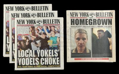 Lot # 256: Marvel's The Punisher (TV Series) - Lewis Wilson's New York Bulletin Newspaper and Three Tipsy Tilly's Bartender Newspapers