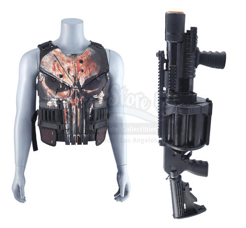 Lot # 56: Marvel's The Punisher (TV Series) - Frank Castle's Bloodied Punisher Vest and Stunt Grenade Launcher