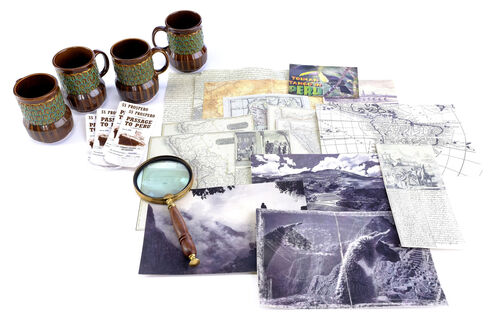 Lot # 31: Netflix's A Series of Unfortunate Events (TV Series) - Uncle Monty's Coco Mugs with Peru Pamphlets, Magnifying Glass, and Maps