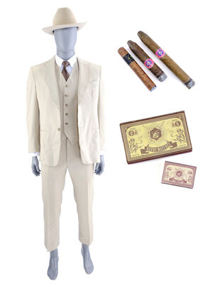 Lot # 62: Netflix's A Series of Unfortunate Events (TV Series) - Sir's Miserable Mill Suit with Fake Cigars and V.F.D. Matchboxes