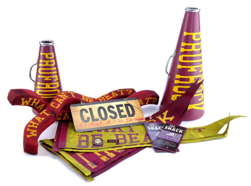 Lot # 80: Netflix's A Series of Unfortunate Events (TV Series) - Prufrock Prep School Spirit Megaphones, Flags, Pamphlets, Library Closed Sign, and School Pins