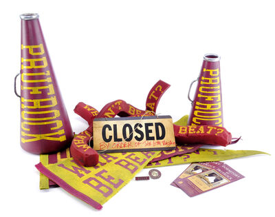 Lot # 84: Netflix's A Series of Unfortunate Events (TV Series) - Prufrock Prep School Spirit Megaphones, Flags, Pamphlets, School Pins, and Library Closed Sign