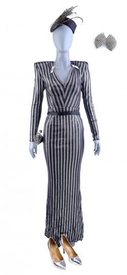 Lot # 100: Netflix's A Series of Unfortunate Events (TV Series) - Esme Squalor's Black and Silver Auctioneer Dress and Accessories