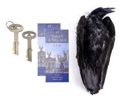 Lot # 112: Netflix's A Series of Unfortunate Events (TV Series) - Village of Fowl Devotees Pamphlets, Jailhouse Keys, and Stuffed Crow