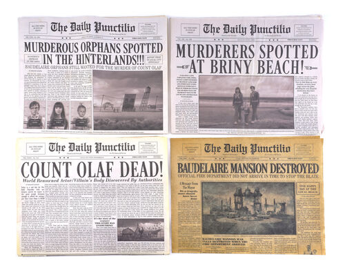 Lot # 121: Netflix's A Series of Unfortunate Events (TV Series) - Daily Punctilio Newspapers featuring BAUDELAIRE MANSION DESTROYED and COUNT OLAF IS DEAD! Headlines