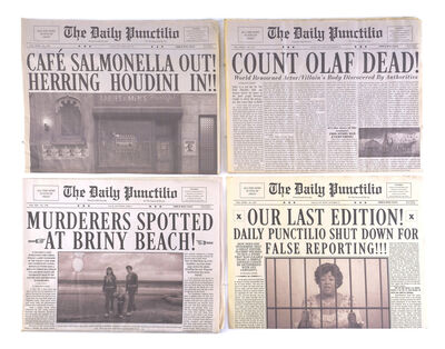 Lot # 183: Netflix's A Series of Unfortunate Events (TV Series) - Daily Punctilio Newspapers featuring COUNT OLAF IS DEAD! and MURDERERS SPOTTED AT BRINY BEACH! Headlines