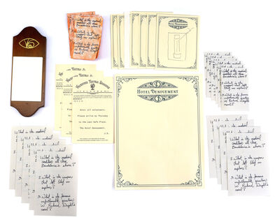 Lot # 189: Netflix's A Series of Unfortunate Events (TV Series) - Hotel Denouement Stationery and Klaus' Notes with V.F.D. Notepad