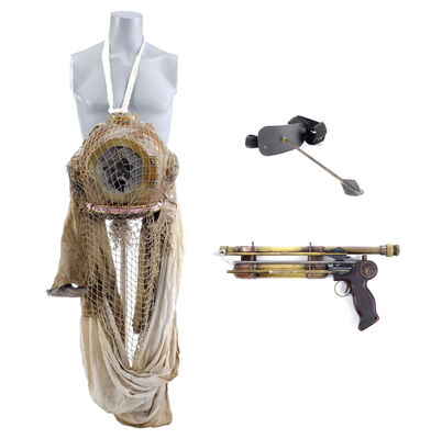 Lot # 229: Netflix's A Series of Unfortunate Events (TV Series) - Count Olaf's Harpoon Gun with Sunny's Medusoid Mycelium Contaminated Helmet and Netting