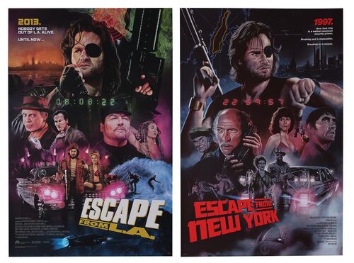 Lot #63 - ESCAPE FROM NEW YORK (1981) AND ESCAPE FROM L.A. (1996) - Matching Number Set of Two Hand-Numbered Private Commission Prints by Dave Merrell, 2021