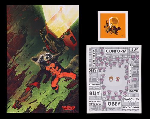 Lot #91 - GUARDIANS OF THE GALAXY (2014), THEY LIVE (1988), MARS ATTACKS (1996) - Three Signed and Hand-Numbered Limited Edition Screen Prints by Kevin Tong, 100% Soft and Tom Whalen, 2014, 2015