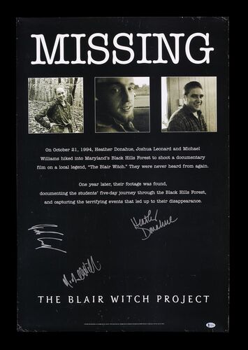Lot #255 - THE BLAIR WITCH PROJECT (1999) - Heather Donahue, Joshua Leonard and Michael C. Williams Autographed One-Sheet, 1999