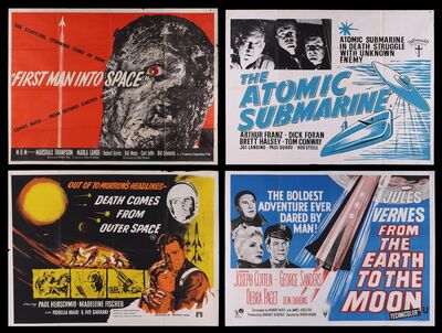 Lot #276 - DEATH COMES FROM OUTER SPACE (1958), FROM THE EARTH TO THE MOON (1958), FIRST MAN INTO SPACE (1959), THE ATOMIC SUBMARINE (1959) - Four UK Quads, 1958, 1959