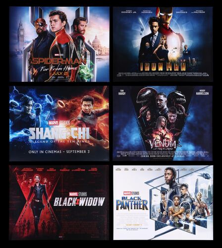 Lot #463 - SPIDER-MAN: FAR FROM HOME (2019), IRON MAN (2008), BLACK PANTHER (2018), SHANG-CHI (2021), VENOM: LET THERE BE CARNAGE (2021), BLACK WIDOW (2021) - Six UK Quads, 2008-2021