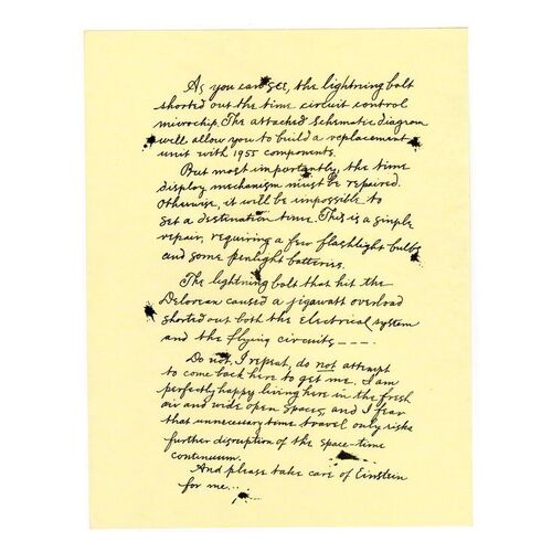 Lot # 49: Back To The Future Part III (1990) - Page from Doc's (Christopher Lloyd) 1885 DeLorean Repair Letter to Marty (Michael J. Fox)