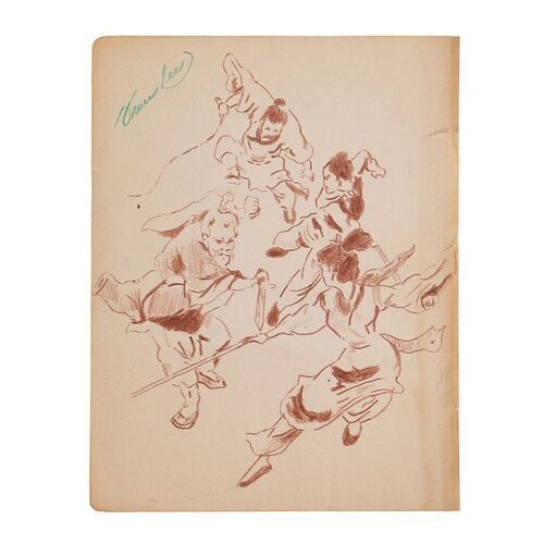 Lot # 81: Bruce Lee - Bruce Lee's Hand-Drawn and Signed Flying Kung Fu Warriors Illustration