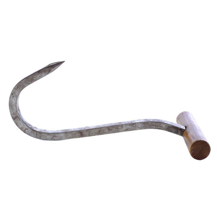 The screen used hook from the 1997 film, sold at Propstore. Metal, brown wooden handle, rusted.