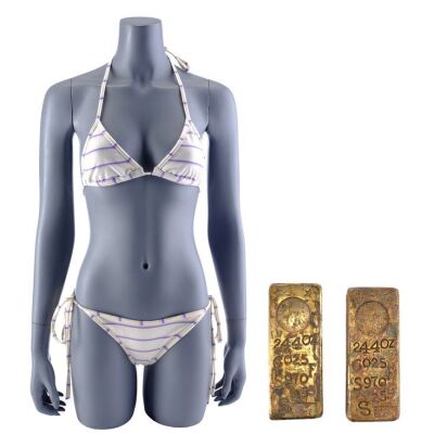 Lot # 193: Into The Blue (2005) - Sam's (Jessica Alba) Bikini with Two Pirate Gold Bars