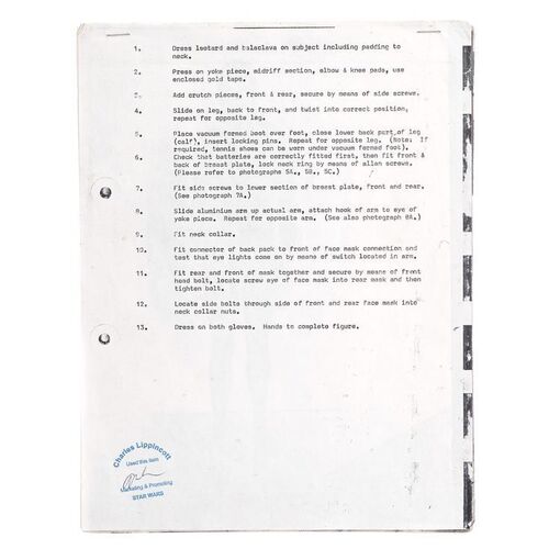 Lot # 381: Star Wars: A New Hope (1977) - Charles Lippincott Collection: Charles Lippincott Collection: C-3PO (Anthony Daniels) Dressing Instruction Packet