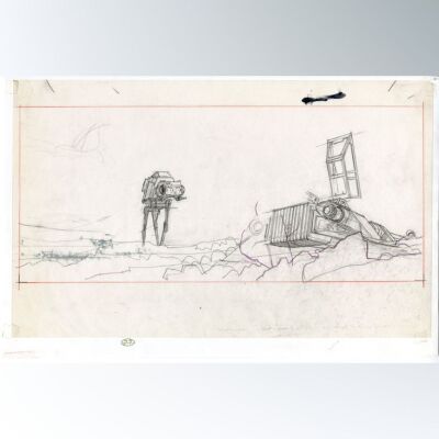 Lot # 400: Star Wars: The Empire Strikes Back (1980) - Hand-Drawn Ralph McQuarrie "Luke and Imperial Walker" Drawing for Production Illustration
