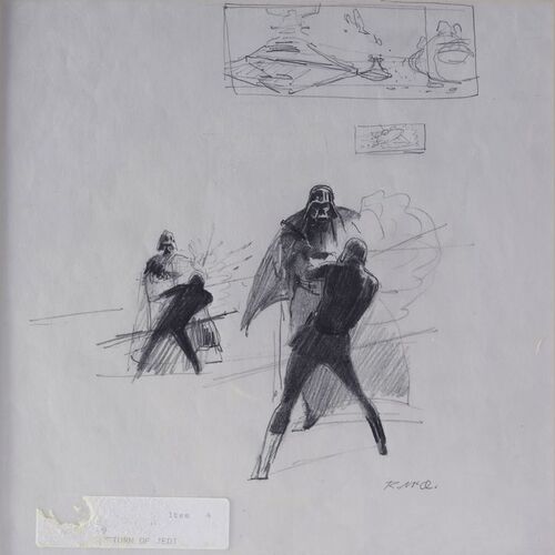 Lot # 412: Star Wars: Return Of The Jedi (1983) - Hand-Drawn Ralph McQuarrie "Luke vs. Vader" Concept Sketch