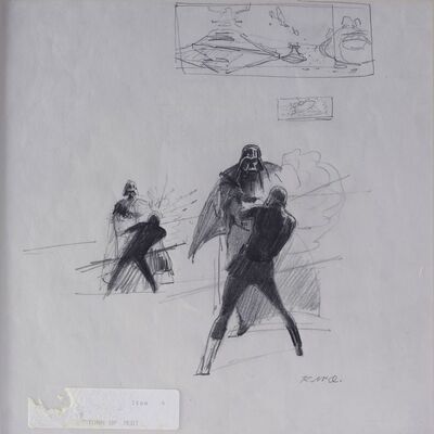 Lot # 412: Star Wars: Return Of The Jedi (1983) - Hand-Drawn Ralph McQuarrie "Luke vs. Vader" Concept Sketch