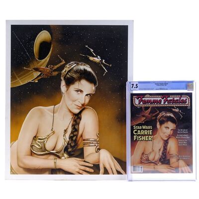 Lot # 420: Femme Fatales (Magazine, 1999) - Hand-Painted David Voigt Carrie Fisher Magazine Illustration with Femme Fatales V. 8 No. 1 CGC 7.5