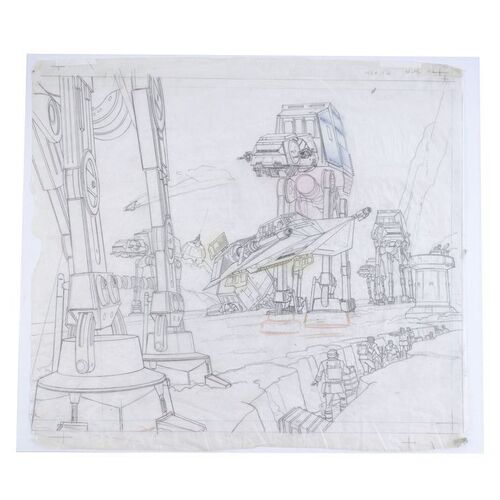 Lot # 421: Star Wars: The Empire Strikes Back (1980) - Hand-Drawn Ralph McQuarrie "Ice Planet Hoth" Action Fleet Set Packaging Drawing for Illustration