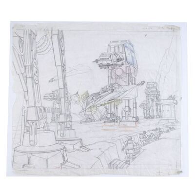 Lot # 421: Star Wars: The Empire Strikes Back (1980) - Hand-Drawn Ralph McQuarrie "Ice Planet Hoth" Action Fleet Set Packaging Drawing for Illustration