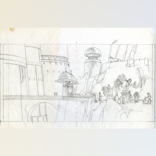 Lot # 423: The Illustrated Star Wars Universe (1995) - Hand-Drawn Ralph McQuarrie "Jabba's Castle North Gate Ext." Drawing for Illustration