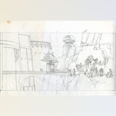 Lot # 423: The Illustrated Star Wars Universe (1995) - Hand-Drawn Ralph McQuarrie "Jabba's Castle North Gate Ext." Drawing for Illustration