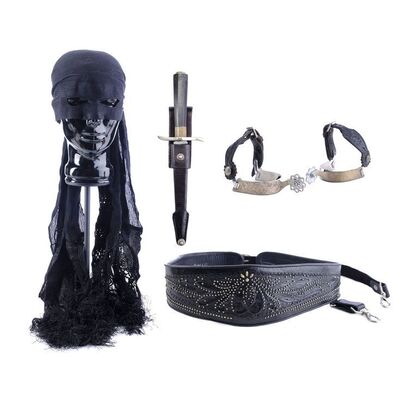 Lot # 485: The Legend Of Zorro (2005) - Zorro's (Antonio Banderas) Mask, Dagger, Sheath, Spurs, and Stunt Belt