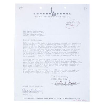 Lot # 487: A.P.O. 923 (T.V. Movie, 1962) - Framed Gene Roddenberry-Signed Screen Gems Contract